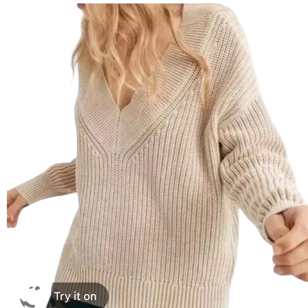 Aerie Shaker Stitch Sweater Womens XL Tan V-Neck Cotton Excellent Oversized